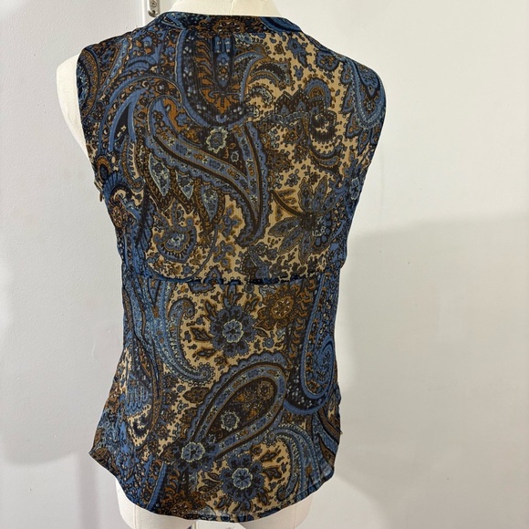 A.N.A A New Approach Blue Brown Beige Paisley Pleated V-Neck Tank Top Sz SP Boho - Picture 3 of 9